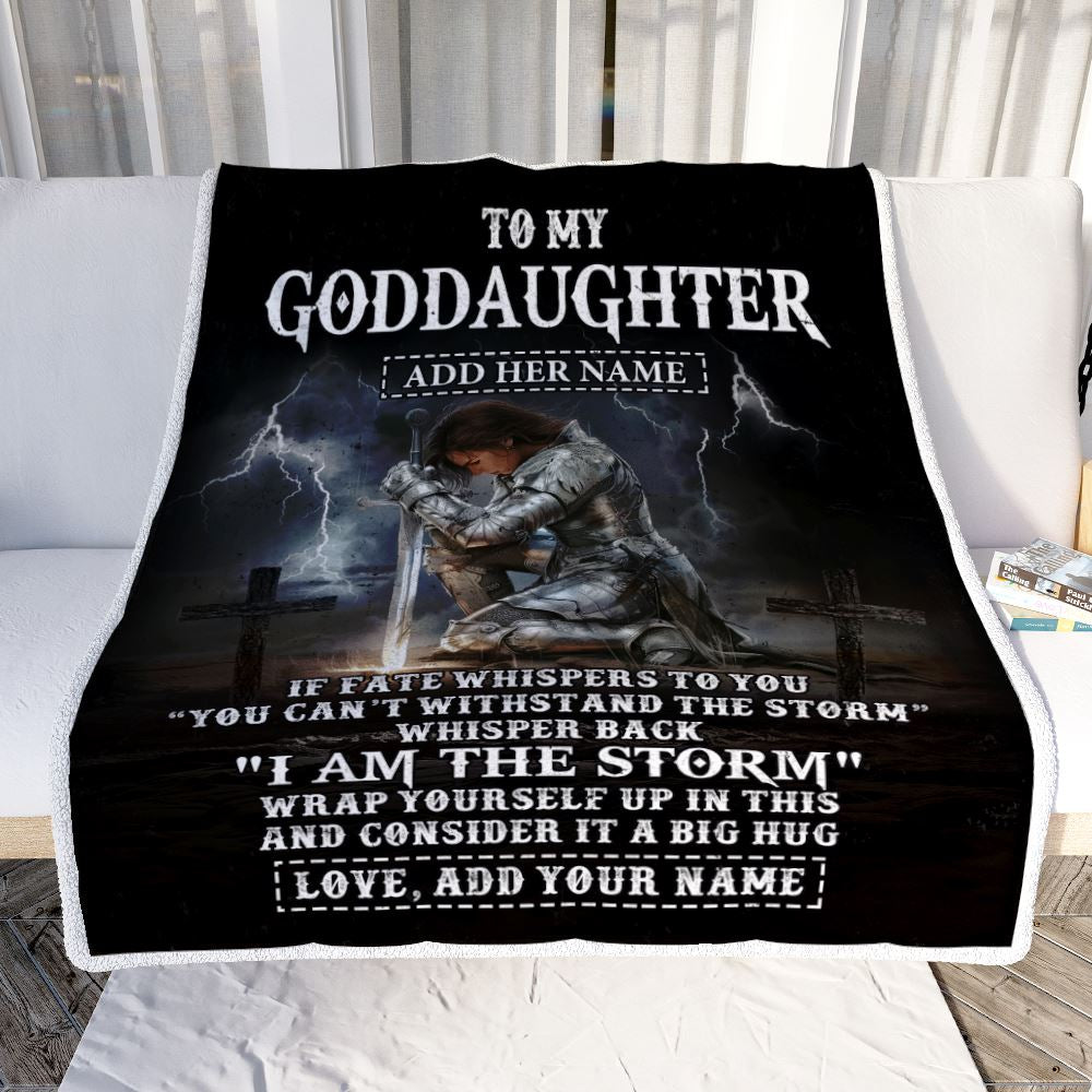 Personalized To My Goddaughter Blanket Women Warrior Knights Templar I Am The Storm Best Goddaughter Birthday Gifts Christmas Customized Fleece Blanket | siriusteestore