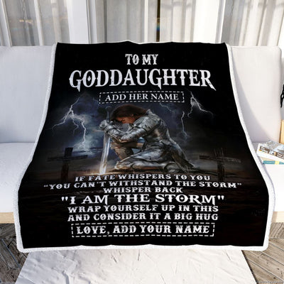 Personalized To My Goddaughter Blanket Women Warrior Knights Templar I Am The Storm Best Goddaughter Birthday Gifts Christmas Customized Fleece Blanket | siriusteestore