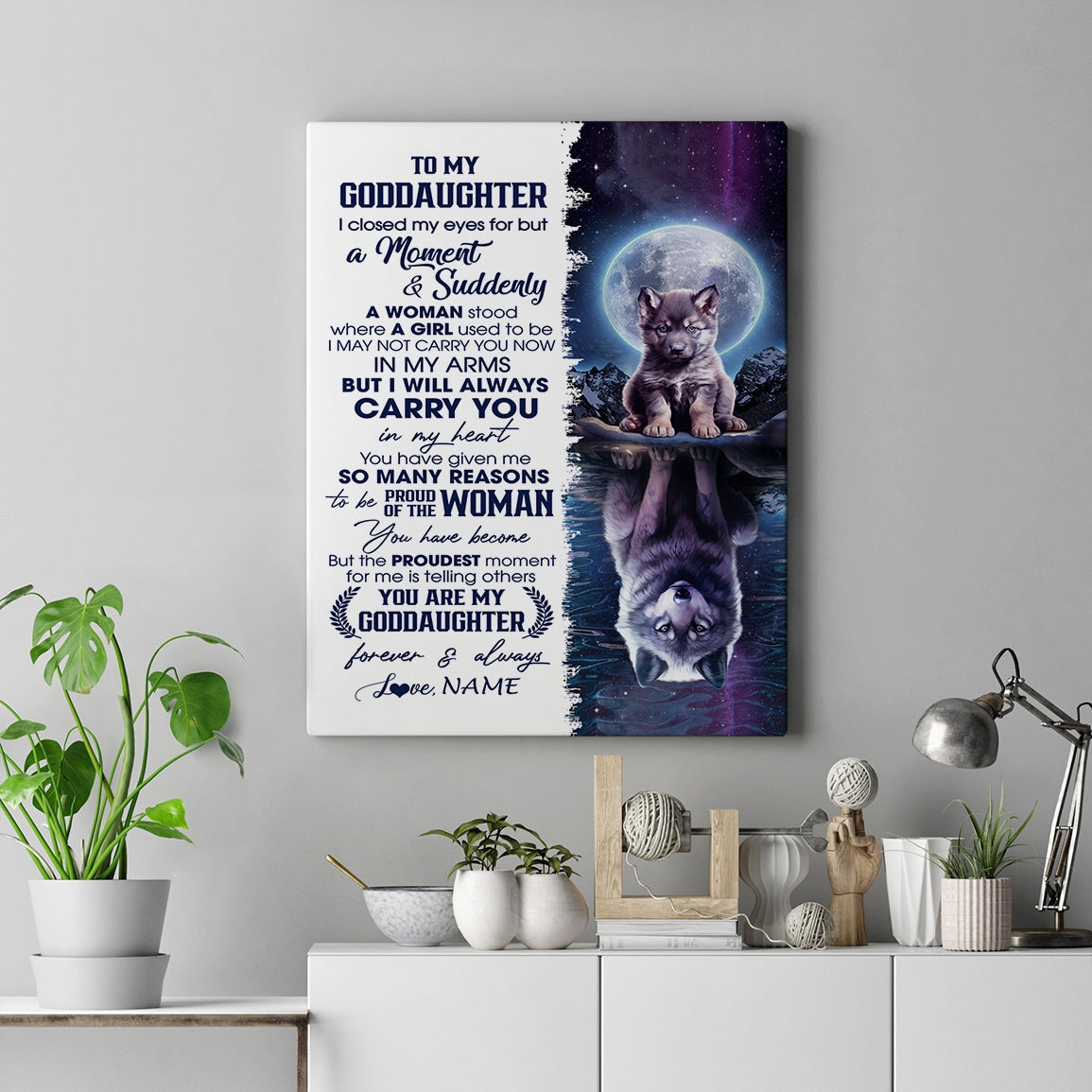 Personalized To My Goddaughter Canvas From Godfather Aunt I Close My Eyes Wolf Goddaughter Birthday Gifts Graduation Christmas Custom Wall Art Print Framed Canvas | siriusteestore