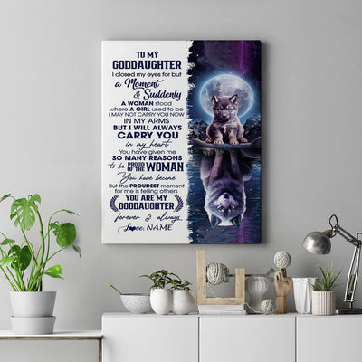 Personalized To My Goddaughter Canvas From Godfather Aunt I Close My Eyes Wolf Goddaughter Birthday Gifts Graduation Christmas Custom Wall Art Print Framed Canvas | siriusteestore