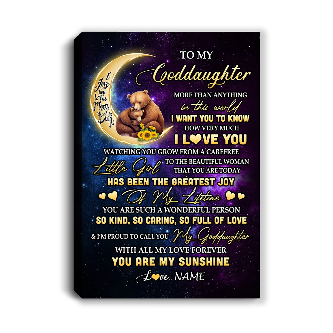 Personalized To My Goddaughter Canvas From Godfather Positive Energy Encourage Brave Little Bear Goddaughter Birthday Christmas Custom Wall Art Print Framed Canvas | siriusteestore
