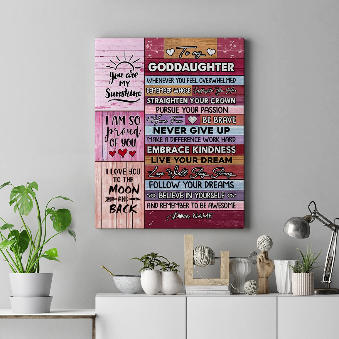 Personalized To My Goddaughter Canvas From Godmother Believe In Yourself Awesome Pink Wood Goddaughter Birthday Graduation Christmas Custom Wall Art Print Framed Canvas | siriusteestore