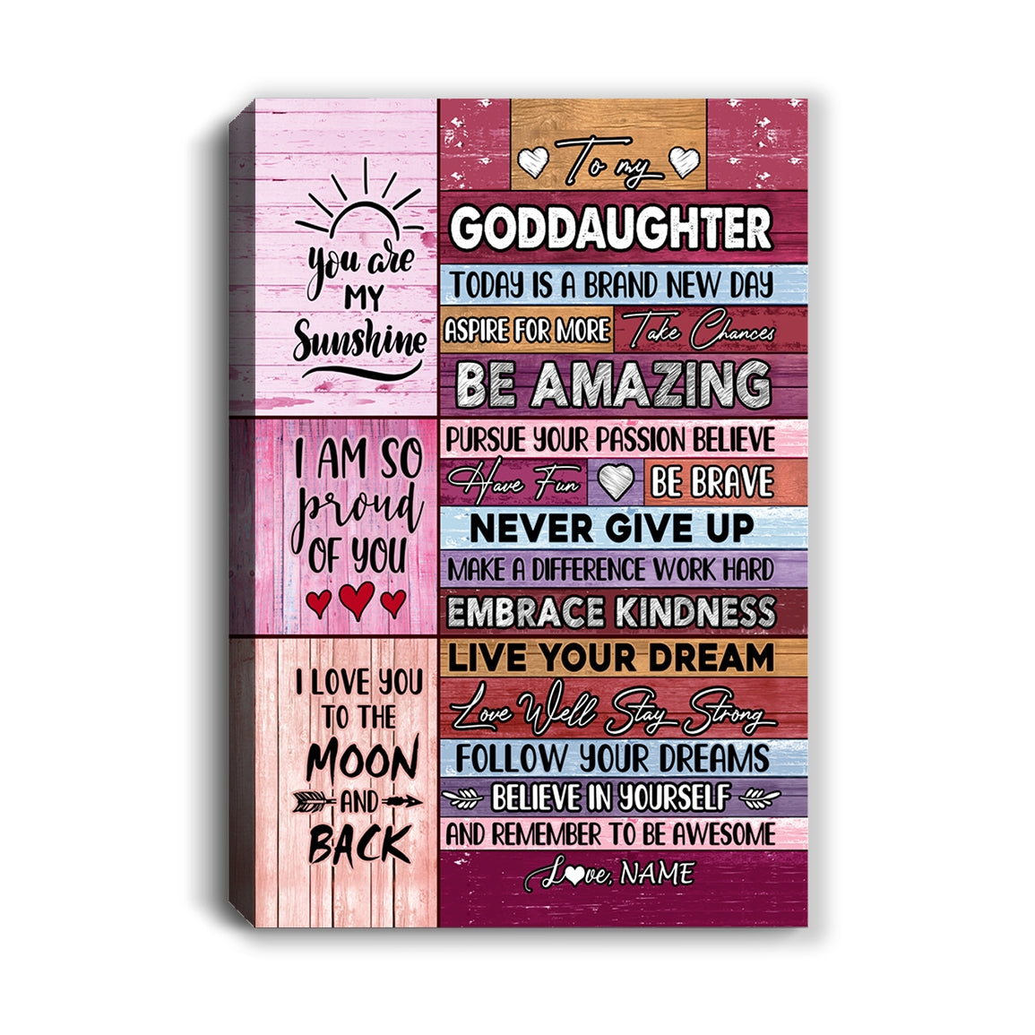 Personalized To My Goddaughter Canvas From Godmother Never Give Up Live Your Dream Pink Wood Goddaughter Birthday Christmas Custom Wall Art Print Home Decor Framed Canvas | siriusteestore