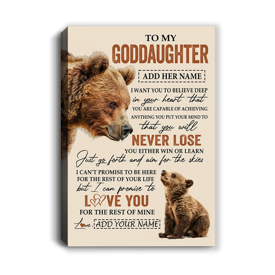 Personalized To My Goddaughter Canvas From Godmother Uncle You Will Never Lose Bear Goddaughter Birthday Gifts Graduation Christmas Custom Wall Art Print Framed Canvas | siriusteestore