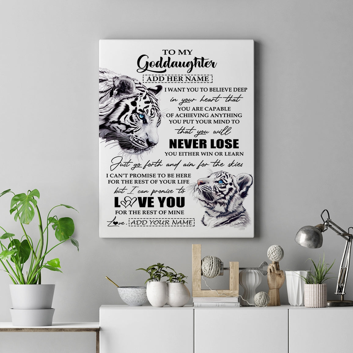 Personalized To My Goddaughter Canvas From Godmother Uncle You Will Never Lose White Tiger Goddaughter Birthday Gifts Christmas Custom Wall Art Print Framed Canvas | siriusteestore