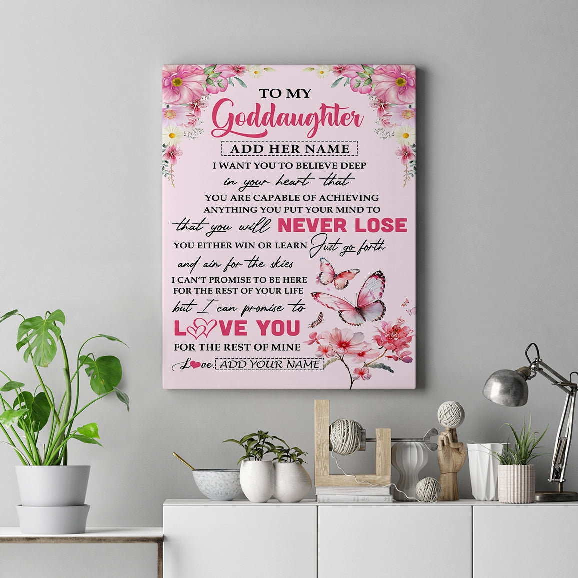 Personalized To My Goddaughter Canvas From Godmother You Will Never Lose Butterfly Goddaughter Birthday Gifts Graduation Christmas Custom Wall Art Print Framed Canvas | siriusteestore
