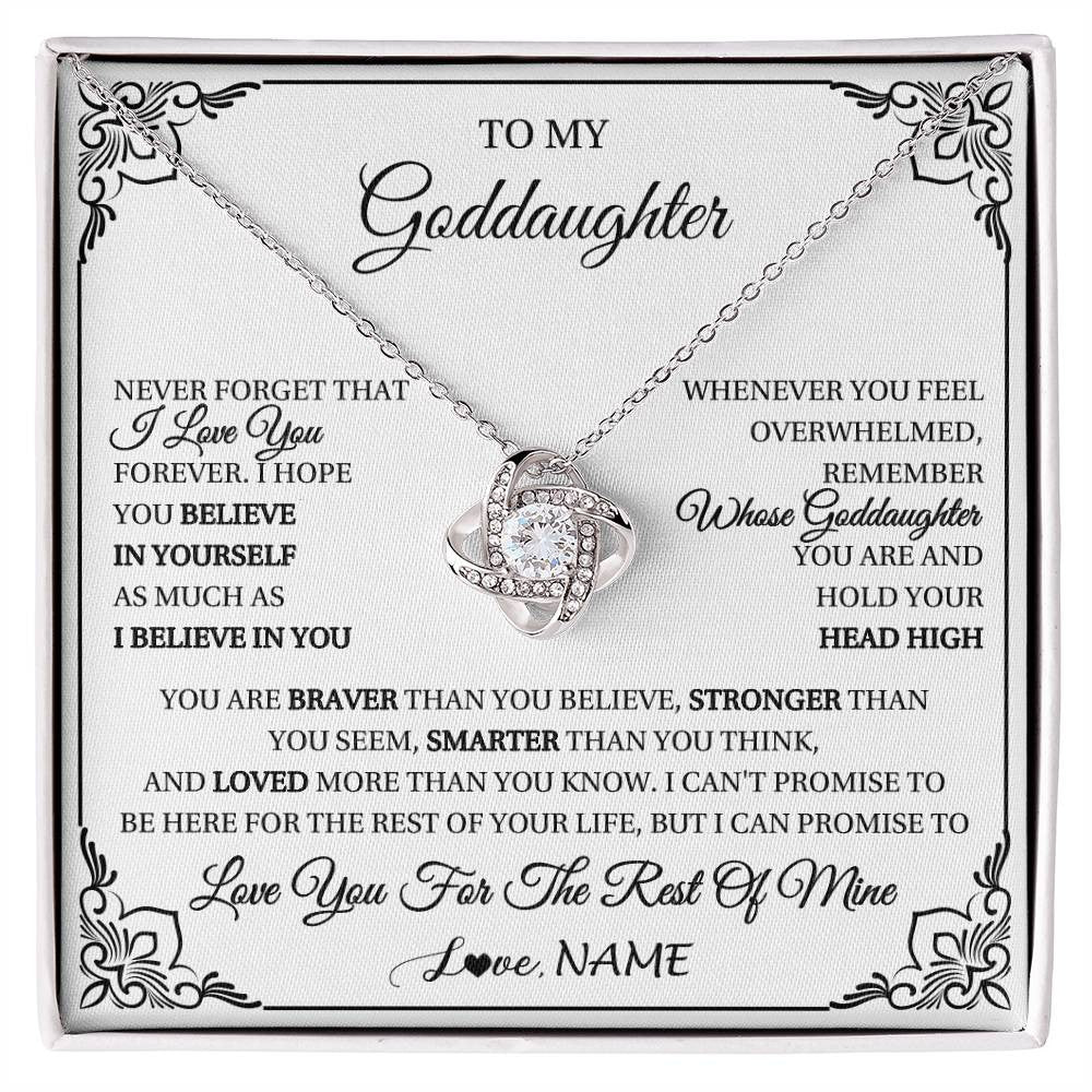 Love Knot Necklace 14K White Gold Finish | 1 | Personalized To My Goddaughter Gift Necklace From Godmother Uncle I Love You Believe In You Goddaughter Birthday Christmas Customized Gift Box Message Card | siriusteestore