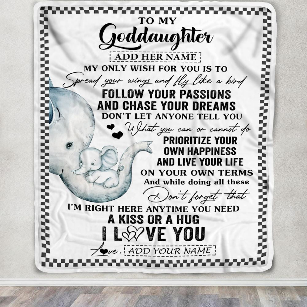 Personalized To My Goddaughter Gifts Blanket From Godmother Elephant My Only Wish For You Goddaughter Birthday Gifts Graduation Christmas Fleece Blanket | siriusteestore