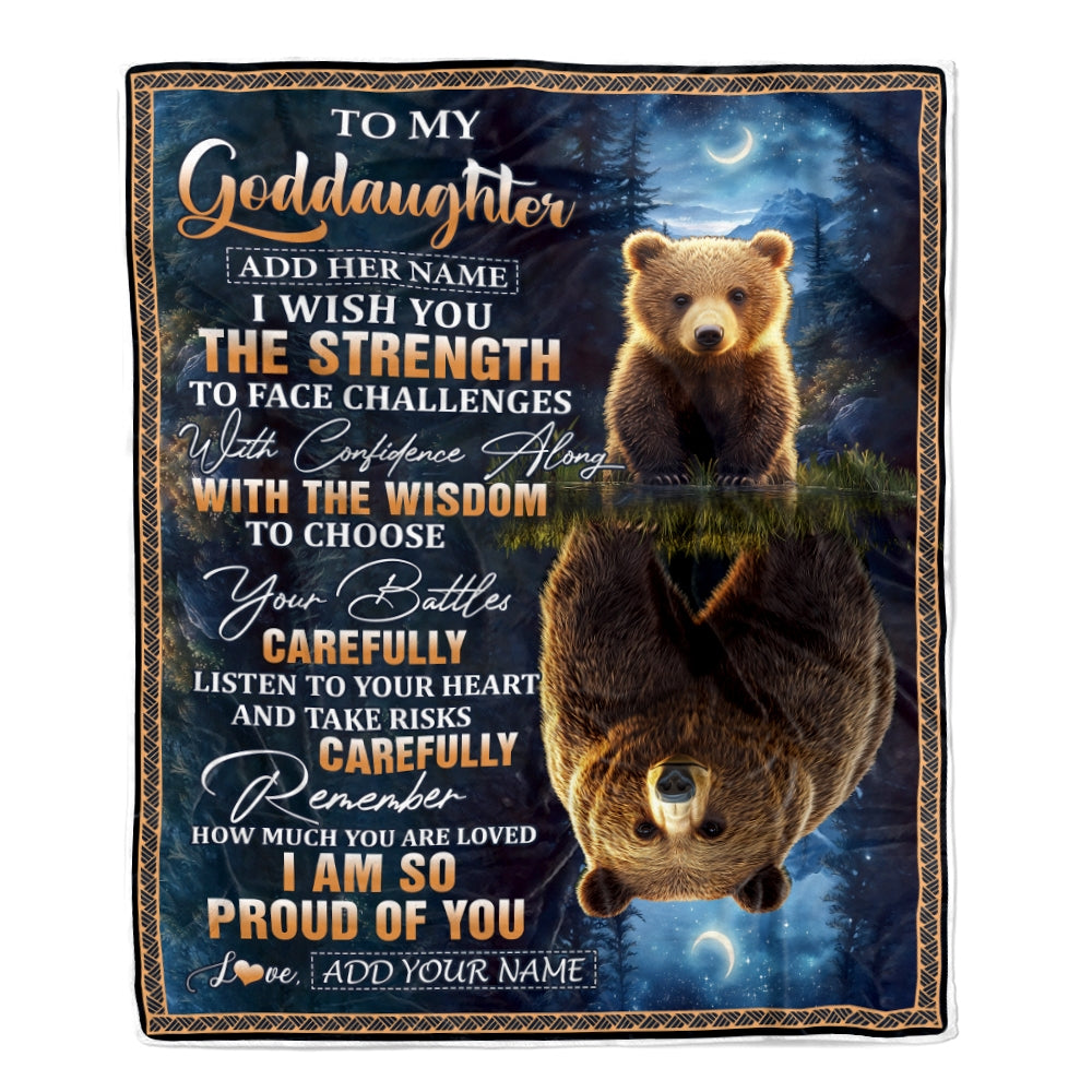 Personalized To My Goddaughter Gifts Blanket From Godmother Godfather I Wish You The Strength Bear Goddaughter Birthday Gifts Christmas Fleece Blanket | siriusteestore