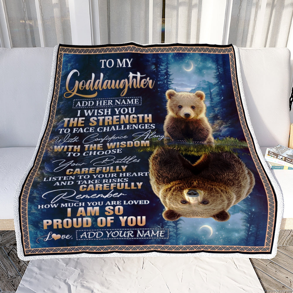 Personalized To My Goddaughter Gifts Blanket From Godmother Godfather I Wish You The Strength Bear Goddaughter Birthday Gifts Christmas Fleece Blanket | siriusteestore