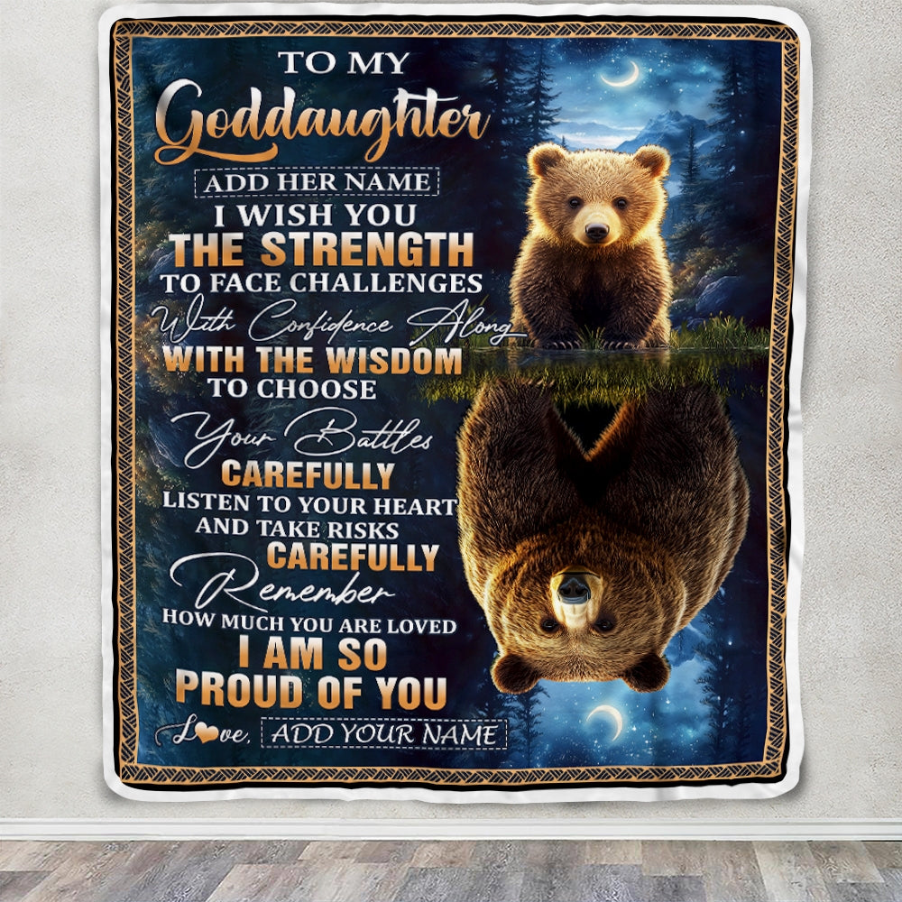 Personalized To My Goddaughter Gifts Blanket From Godmother Godfather I Wish You The Strength Bear Goddaughter Birthday Gifts Christmas Fleece Blanket | siriusteestore
