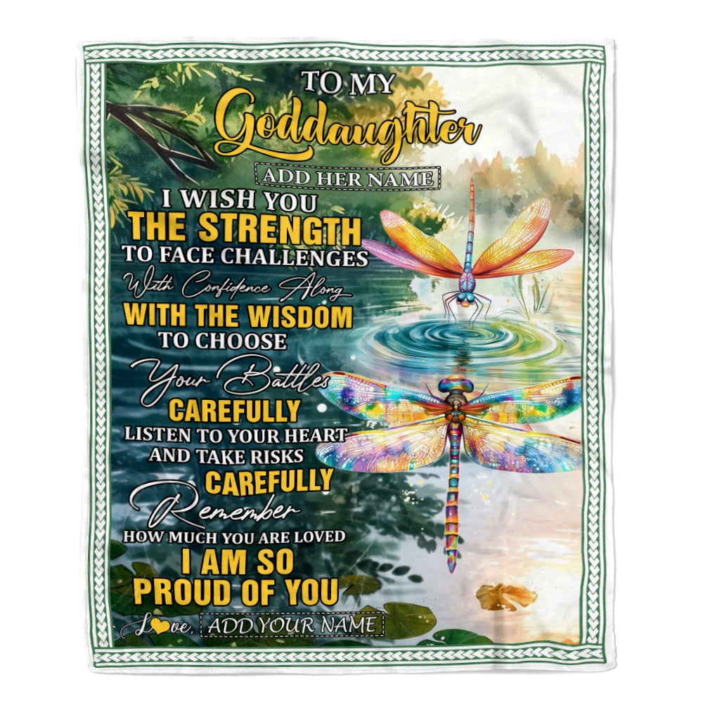 Personalized To My Goddaughter Gifts Blanket From Godmother Godfather I Wish You The Strength Dragonfly Goddaughter Birthday Gifts Christmas Fleece Blanket | siriusteestore