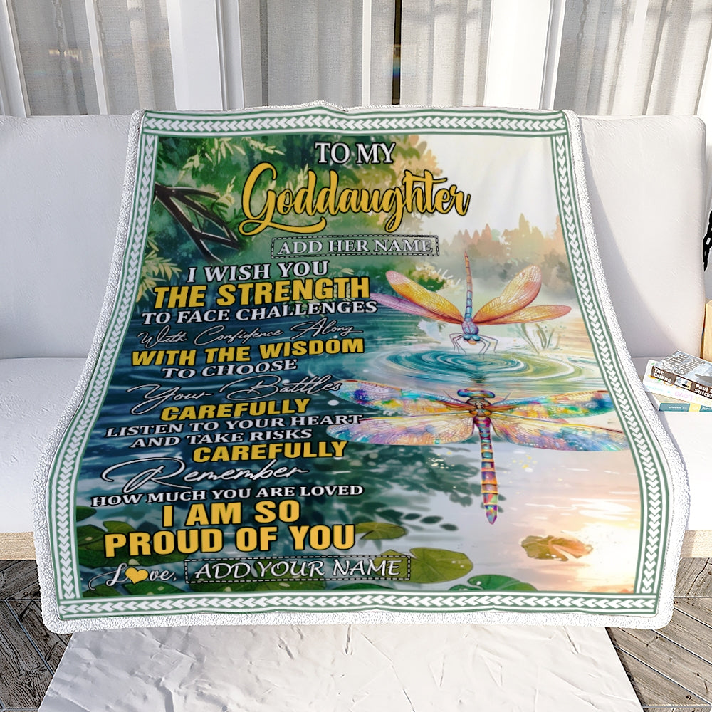 Personalized To My Goddaughter Gifts Blanket From Godmother Godfather I Wish You The Strength Dragonfly Goddaughter Birthday Gifts Christmas Fleece Blanket | siriusteestore