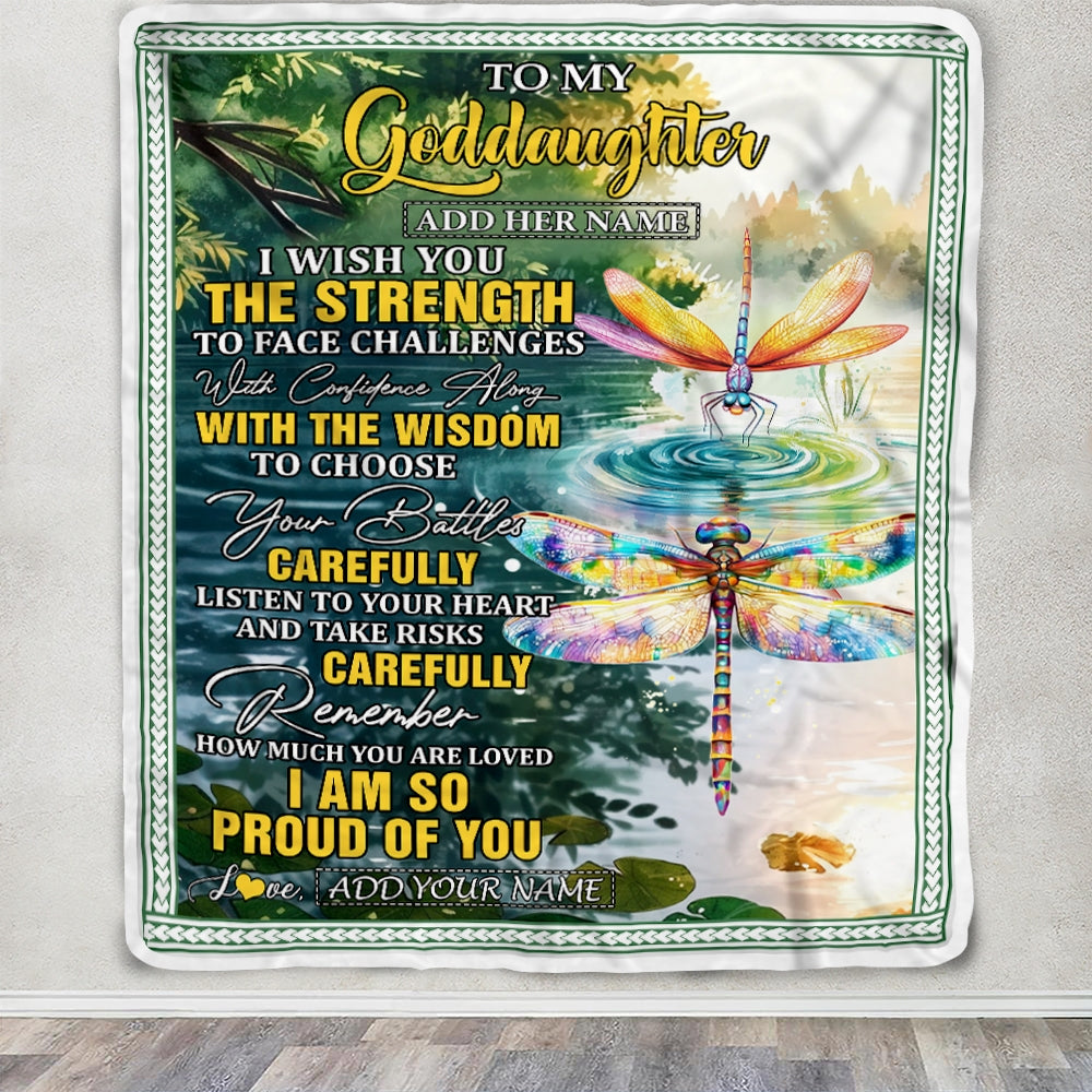 Personalized To My Goddaughter Gifts Blanket From Godmother Godfather I Wish You The Strength Dragonfly Goddaughter Birthday Gifts Christmas Fleece Blanket | siriusteestore