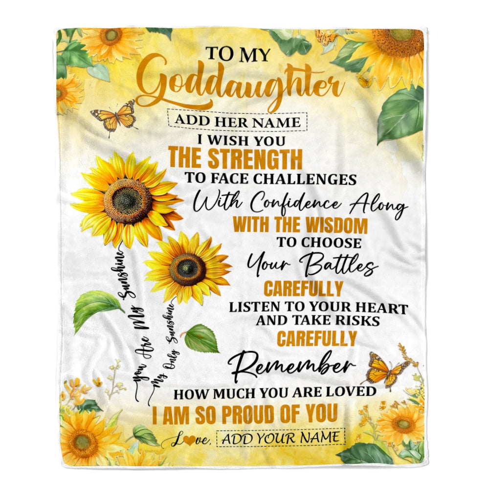 Personalized To My Goddaughter Gifts Blanket From Godmother Godfather I Wish You The Strength Sunflower Goddaughter Birthday Gifts Christmas Fleece Blanket | siriusteestore