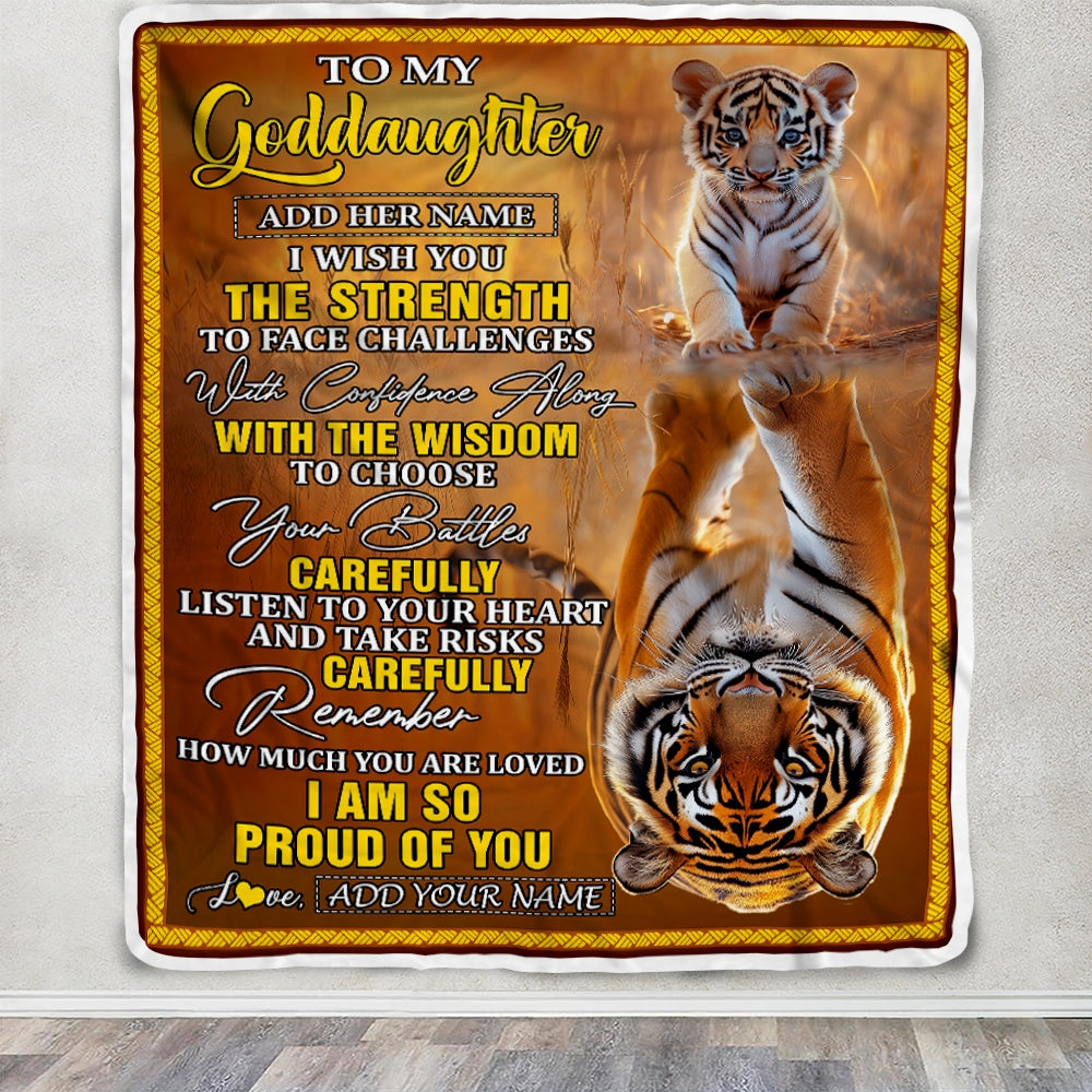 Personalized To My Goddaughter Gifts Blanket From Godmother Godfather I Wish You The Strength Tiger Goddaughter Birthday Gifts Christmas Fleece Blanket | siriusteestore