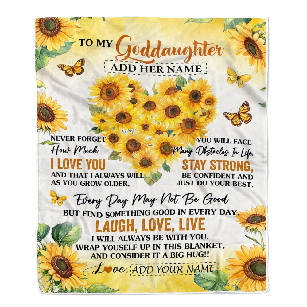 Personalized To My Goddaughter Gifts Blanket From Godmother Laugh Love Live Sunflower Goddaughter Birthday Gifts Graduation Christmas Bedroom Fleece Blanket | siriusteestore