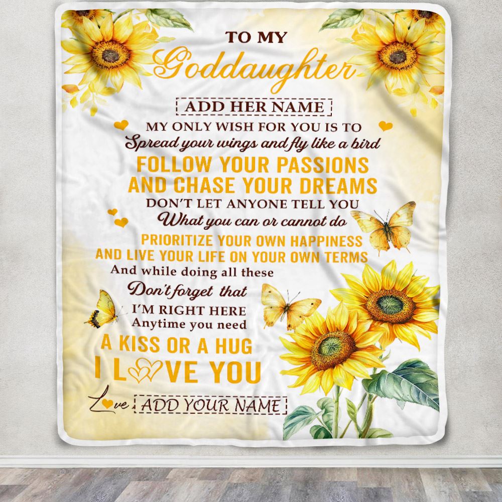 Personalized To My Goddaughter Gifts Blanket From Godmother Sunflower My Only Wish For You Goddaughter Birthday Gifts Graduation Christmas Fleece Blanket | siriusteestore