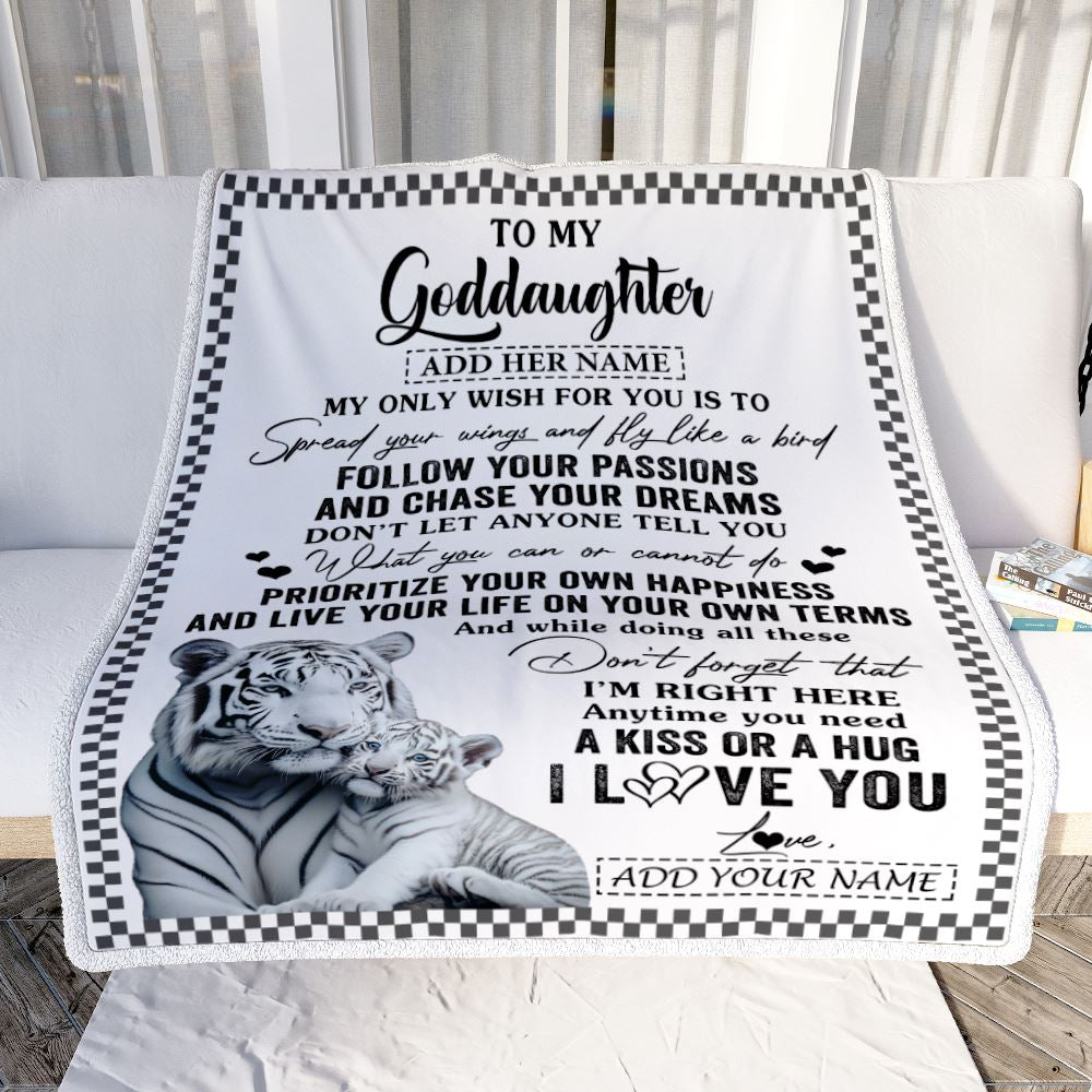 Personalized To My Goddaughter Gifts Blanket From Godmother White Tiger My Only Wish For You Goddaughter Birthday Gifts Graduation Christmas Fleece Blanket | siriusteestore
