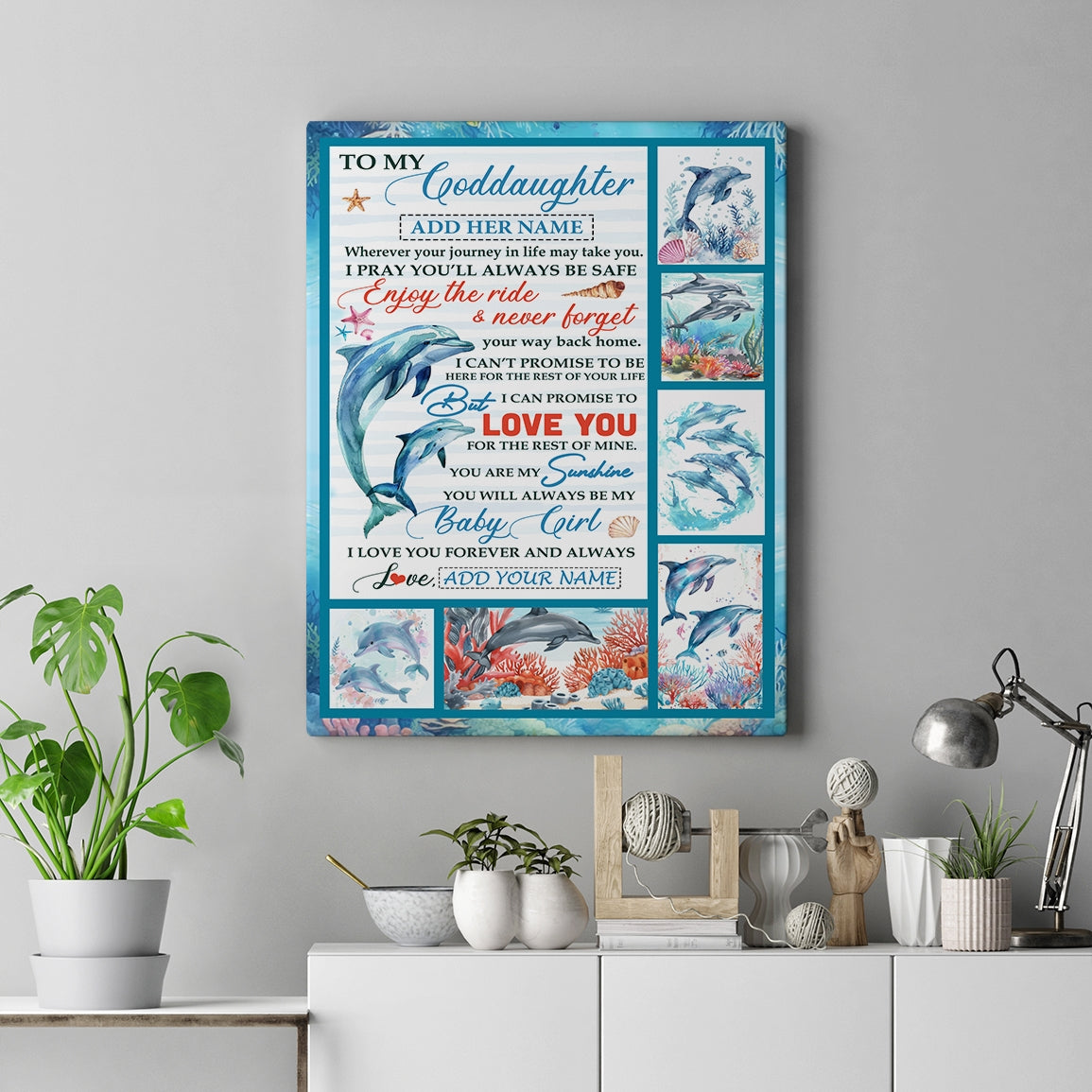 Personalized To My Goddaughter Gifts Canvas Dolphin From Godmother Sunshine Baby Girl Goddaughter Birthday Gift Christmas Custom Wall Art Framed Canvas | siriusteestore