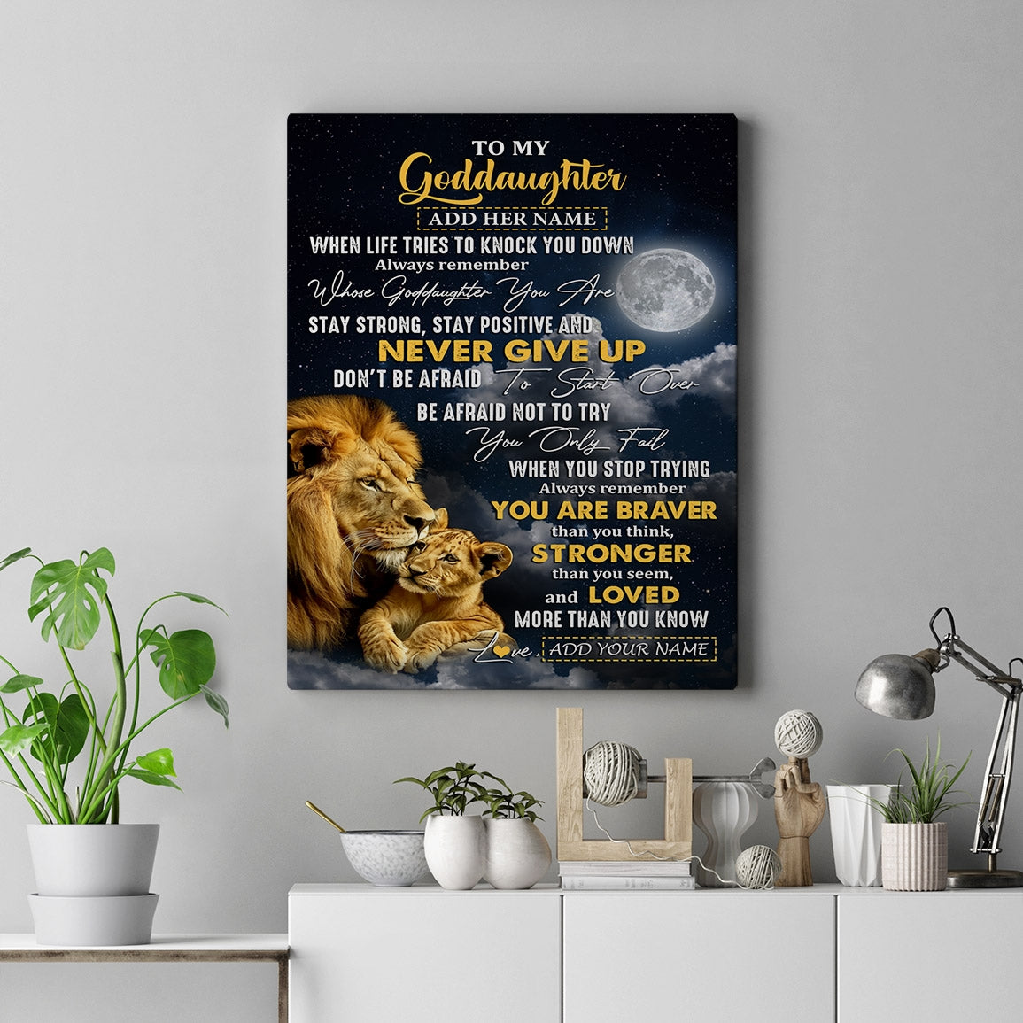 Personalized To My Goddaughter Gifts Canvas From Godfather Uncle Lion Never Give Up Goddaughter Birthday Gifts Graduation Christmas Custom Wall Art Print Framed Canvas | siriusteestore