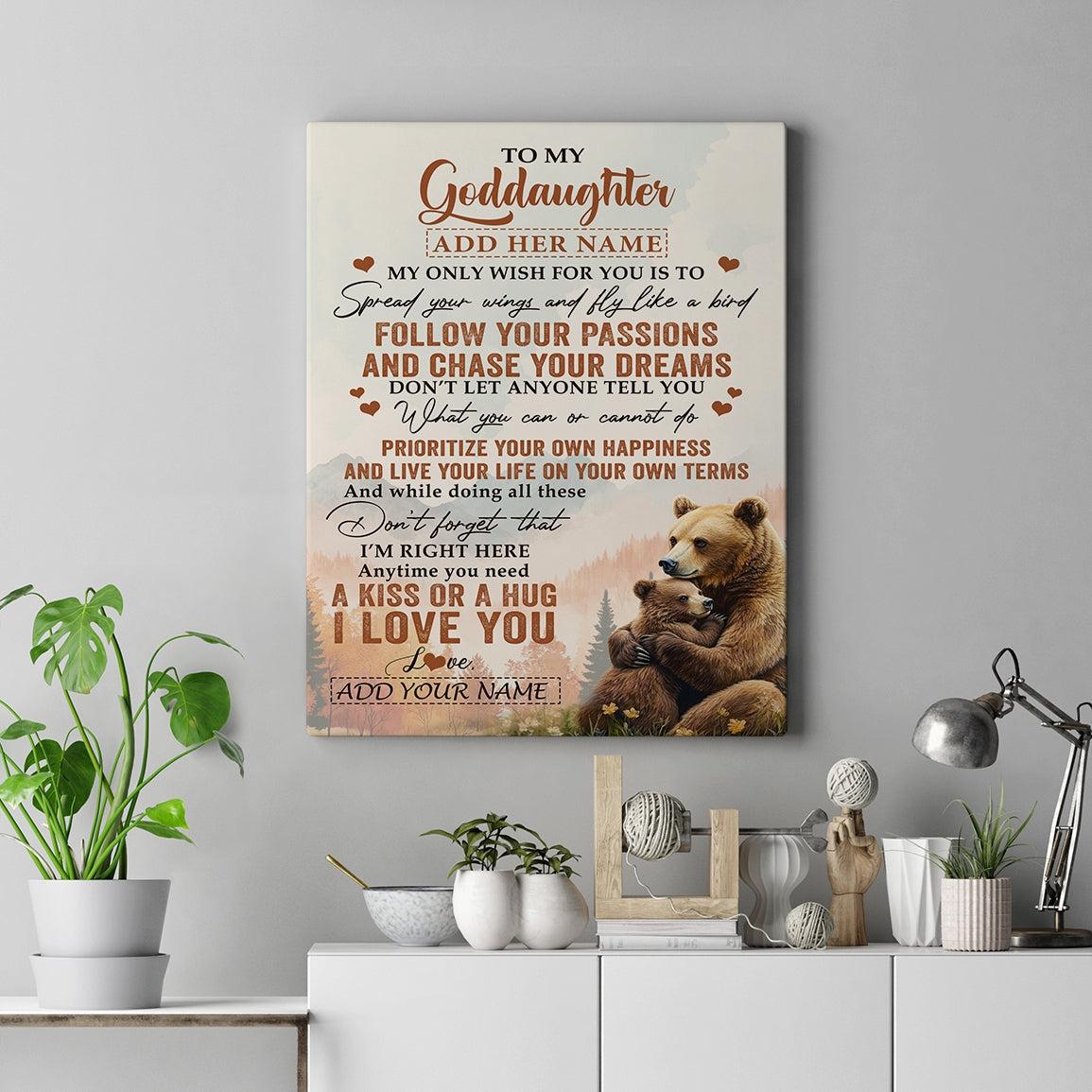 Personalized To My Goddaughter Gifts Canvas From Godmother Bear My Only Wish For You Goddaughter Birthday Gifts Graduation Christmas Custom Art Print Framed Canvas | siriusteestore