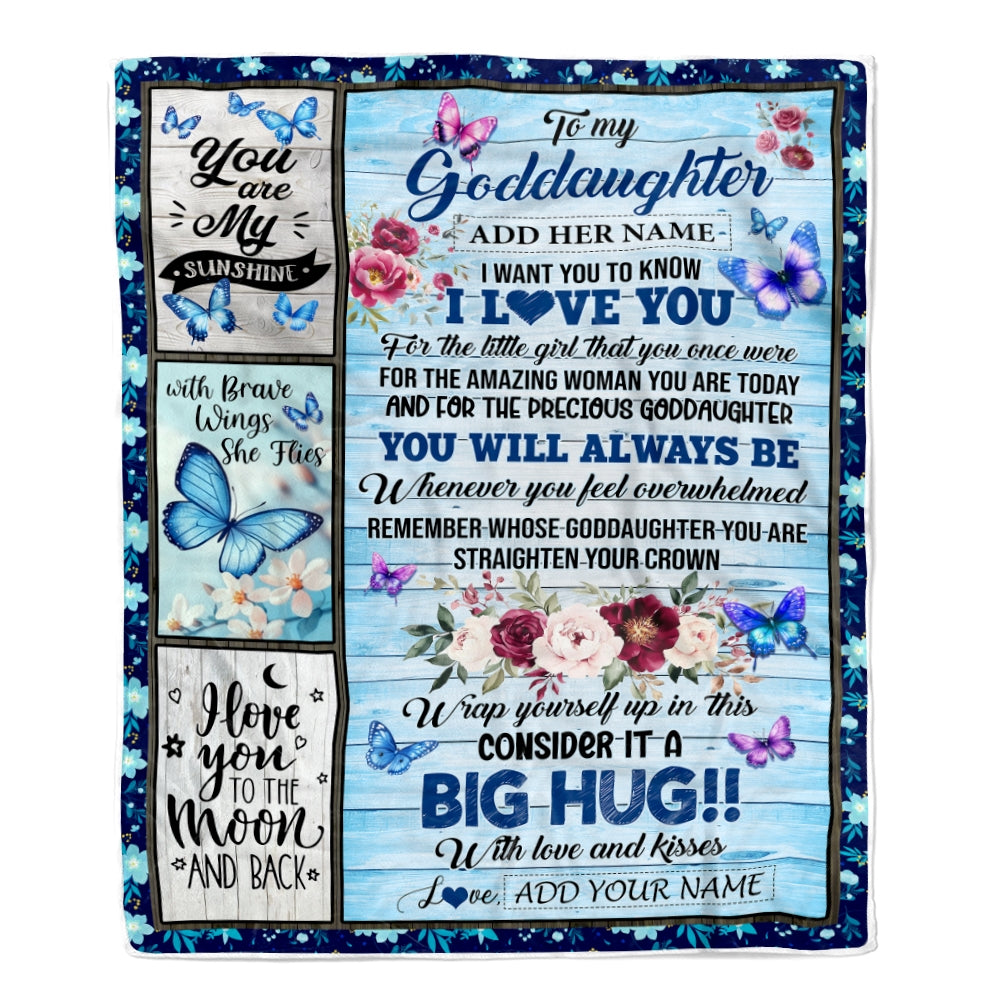 Personalized To My Goddaughter Gifts From Aunt Butterfly You Are My Sunshine Love You To The Moon Custom Goddaughter Birthday Gifts Christmas Fleece Blanket | siriusteestore