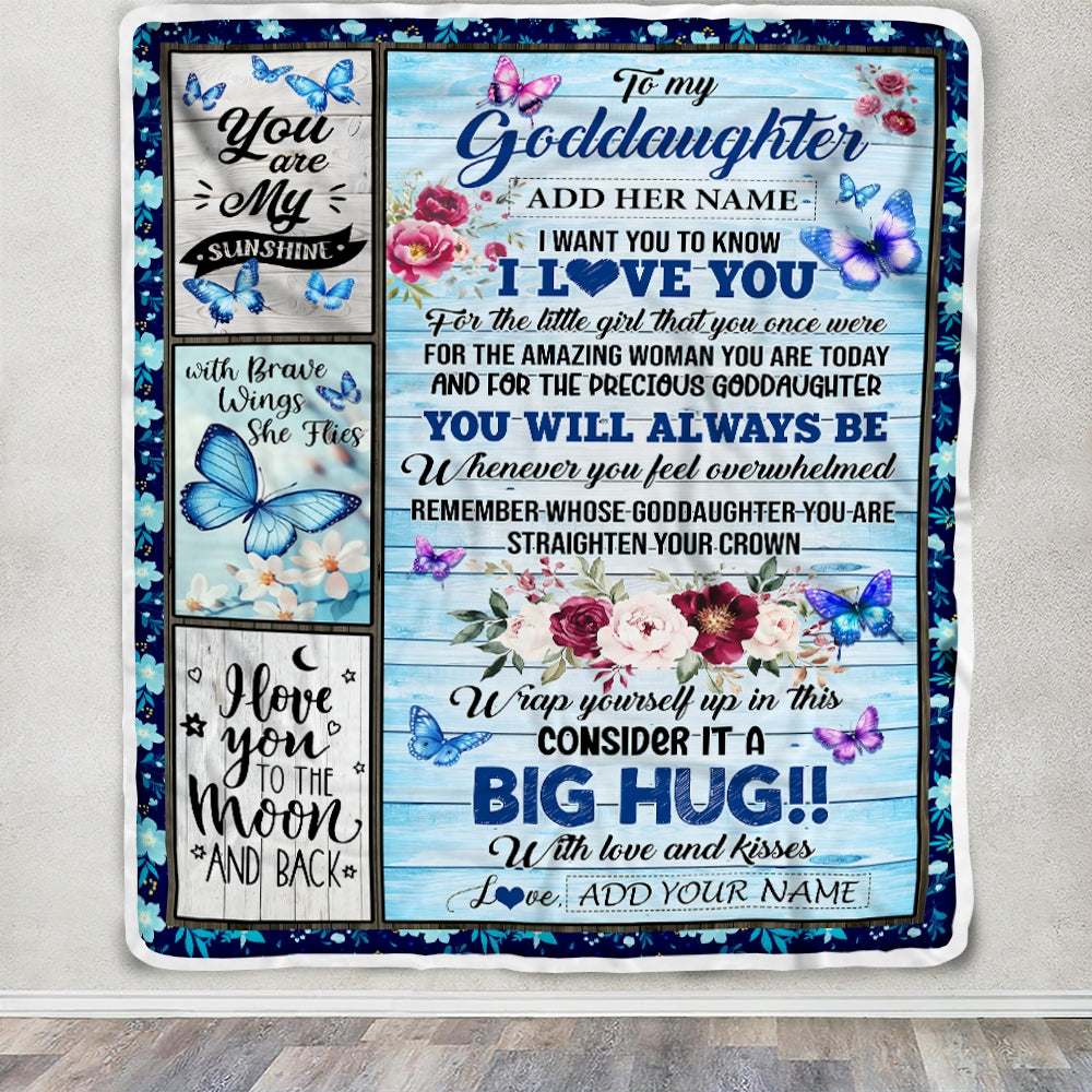 Personalized To My Goddaughter Gifts From Aunt Butterfly You Are My Sunshine Love You To The Moon Custom Goddaughter Birthday Gifts Christmas Fleece Blanket | siriusteestore