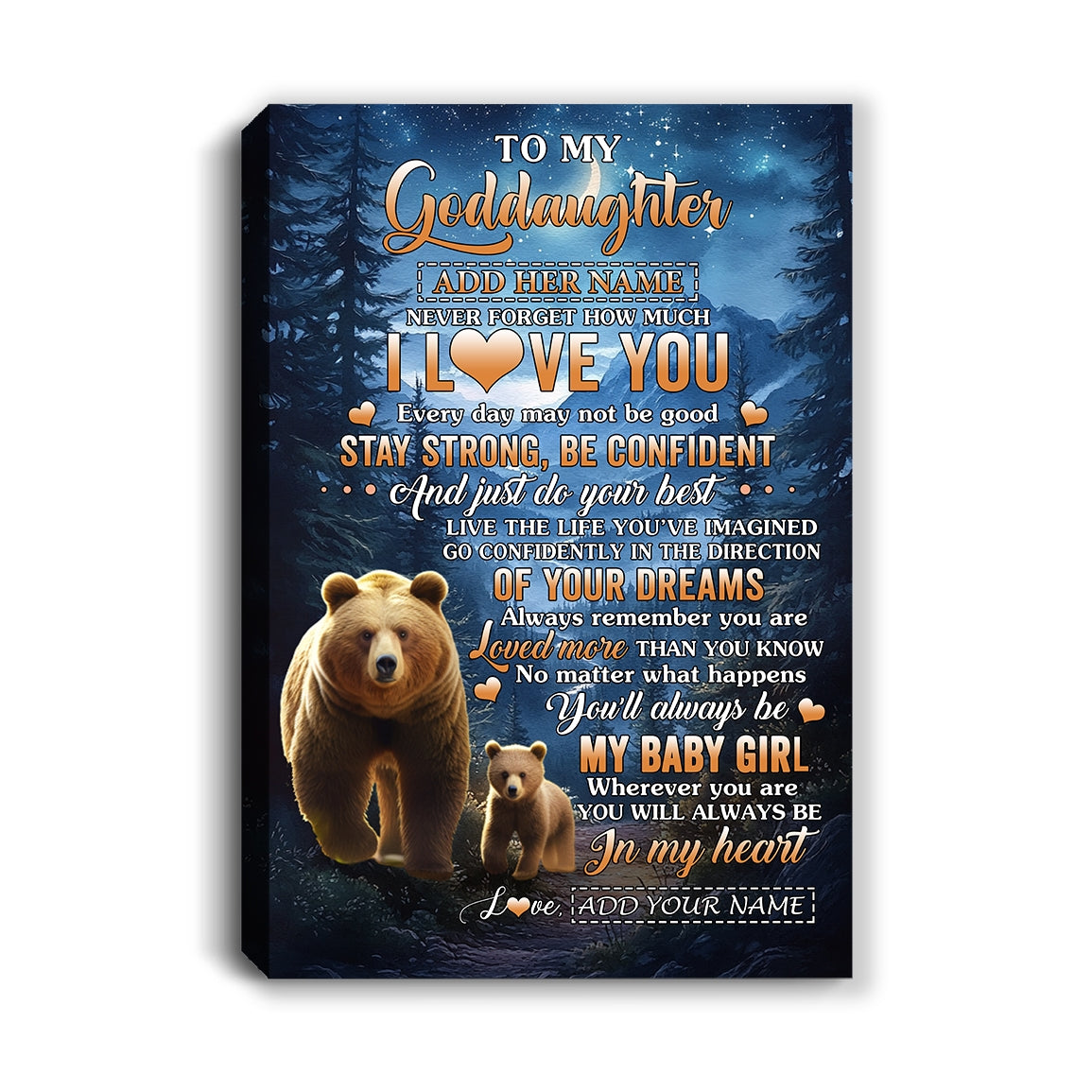 Personalized To My Goddaughter Gifts From Aunt Uncle Auntie Canvas Bear Never Forget How Much I Love You Goddaughter Birthday Graduation Christmas Custom Print Framed Canvas | siriusteestore