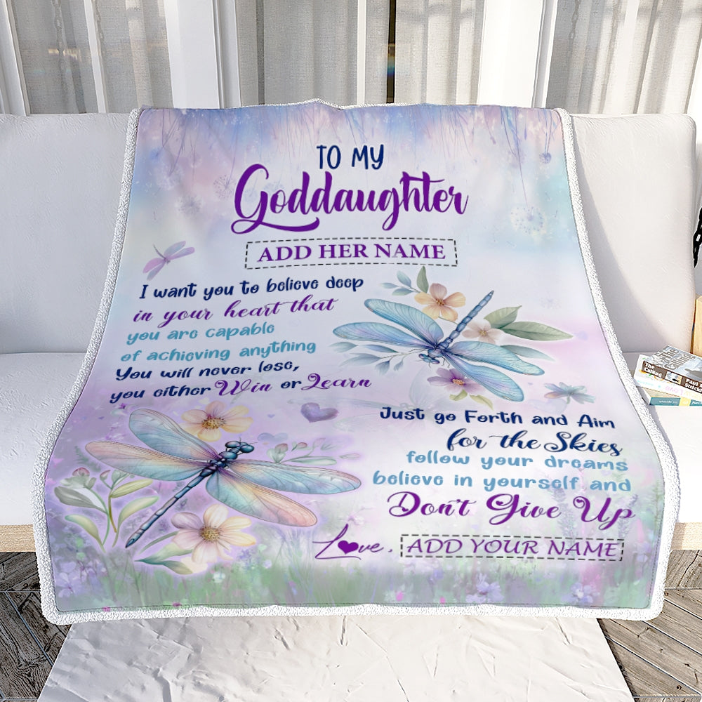 Personalized To My Goddaughter Gifts From Aunt Uncle Don't Give Up Dragonfly Gifts For Goddaughter Birthday Graduation Christmas Customized Fleece Blanket | siriusteestore