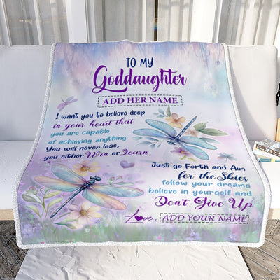 Personalized To My Goddaughter Gifts From Aunt Uncle Don't Give Up Dragonfly Gifts For Goddaughter Birthday Graduation Christmas Customized Fleece Blanket | siriusteestore