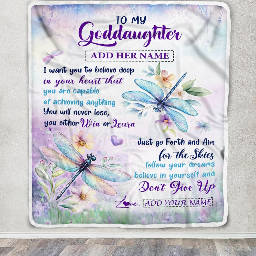 Personalized To My Goddaughter Gifts From Aunt Uncle Don't Give Up Dragonfly Gifts For Goddaughter Birthday Graduation Christmas Customized Fleece Blanket | siriusteestore