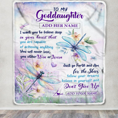 Personalized To My Goddaughter Gifts From Aunt Uncle Don't Give Up Dragonfly Gifts For Goddaughter Birthday Graduation Christmas Customized Fleece Blanket | siriusteestore