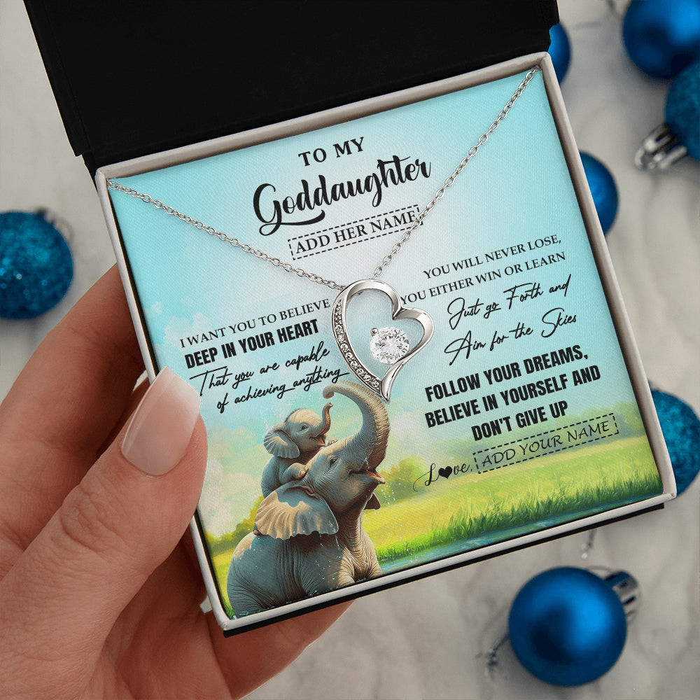 Forever Love Necklace 14K White Gold Finish | 2 | Personalized To My Goddaughter Gifts From Aunt Uncle Don't Give Up Elephant Gifts For Goddaughter Birthday Graduation Christmas Custom Gift Box Message Card | https://siriusteestore.