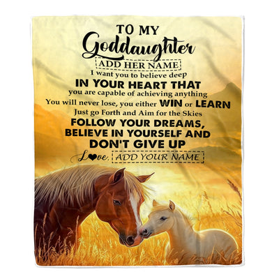 Personalized To My Goddaughter Gifts From Aunt Uncle Don't Give Up Horse Gifts For Goddaughter Birthday Graduation Christmas Customized Fleece Throw Blanket | siriusteestore