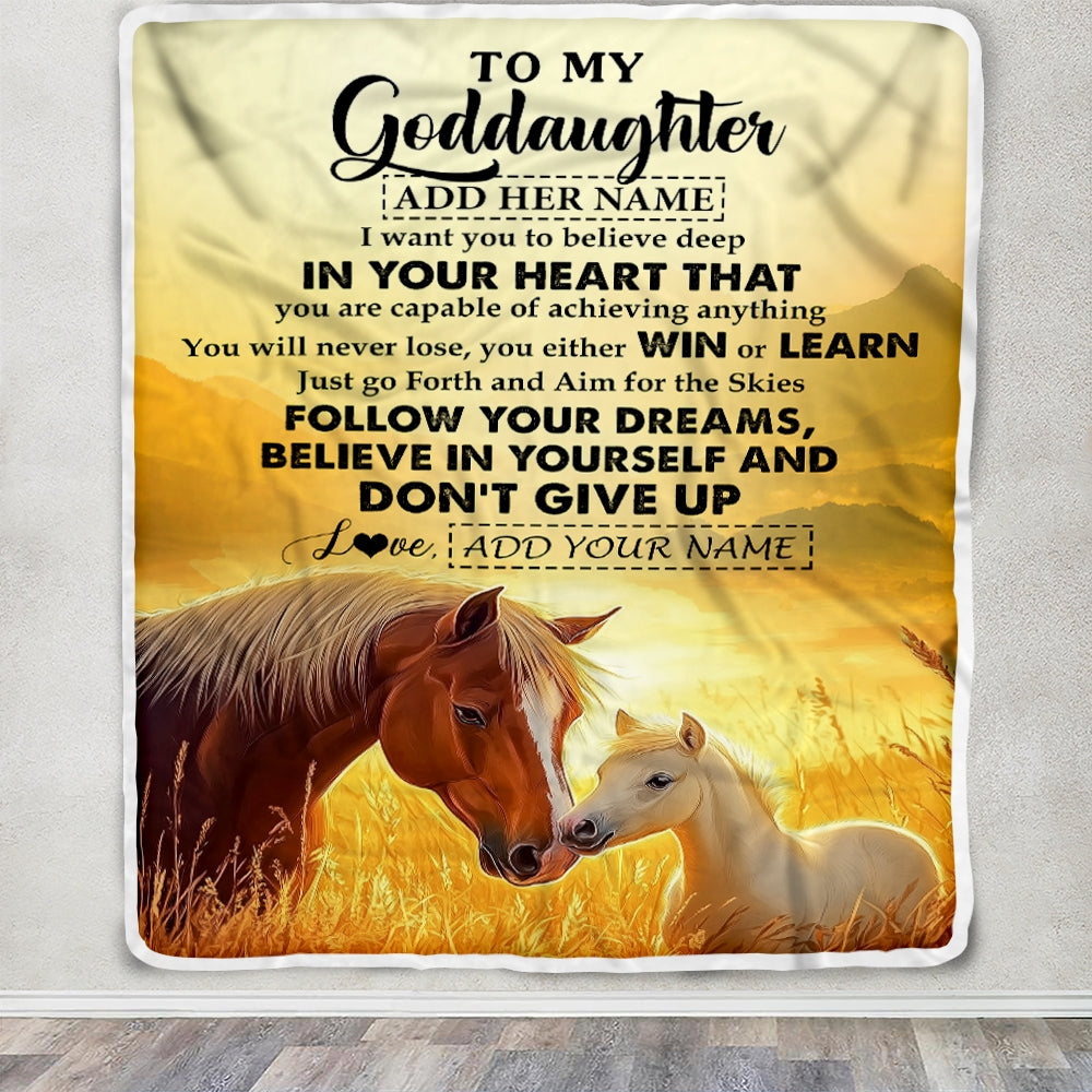Personalized To My Goddaughter Gifts From Aunt Uncle Don't Give Up Horse Gifts For Goddaughter Birthday Graduation Christmas Customized Fleece Throw Blanket | siriusteestore