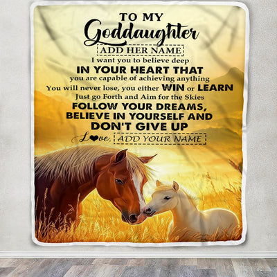 Personalized To My Goddaughter Gifts From Aunt Uncle Don't Give Up Horse Gifts For Goddaughter Birthday Graduation Christmas Customized Fleece Throw Blanket | siriusteestore