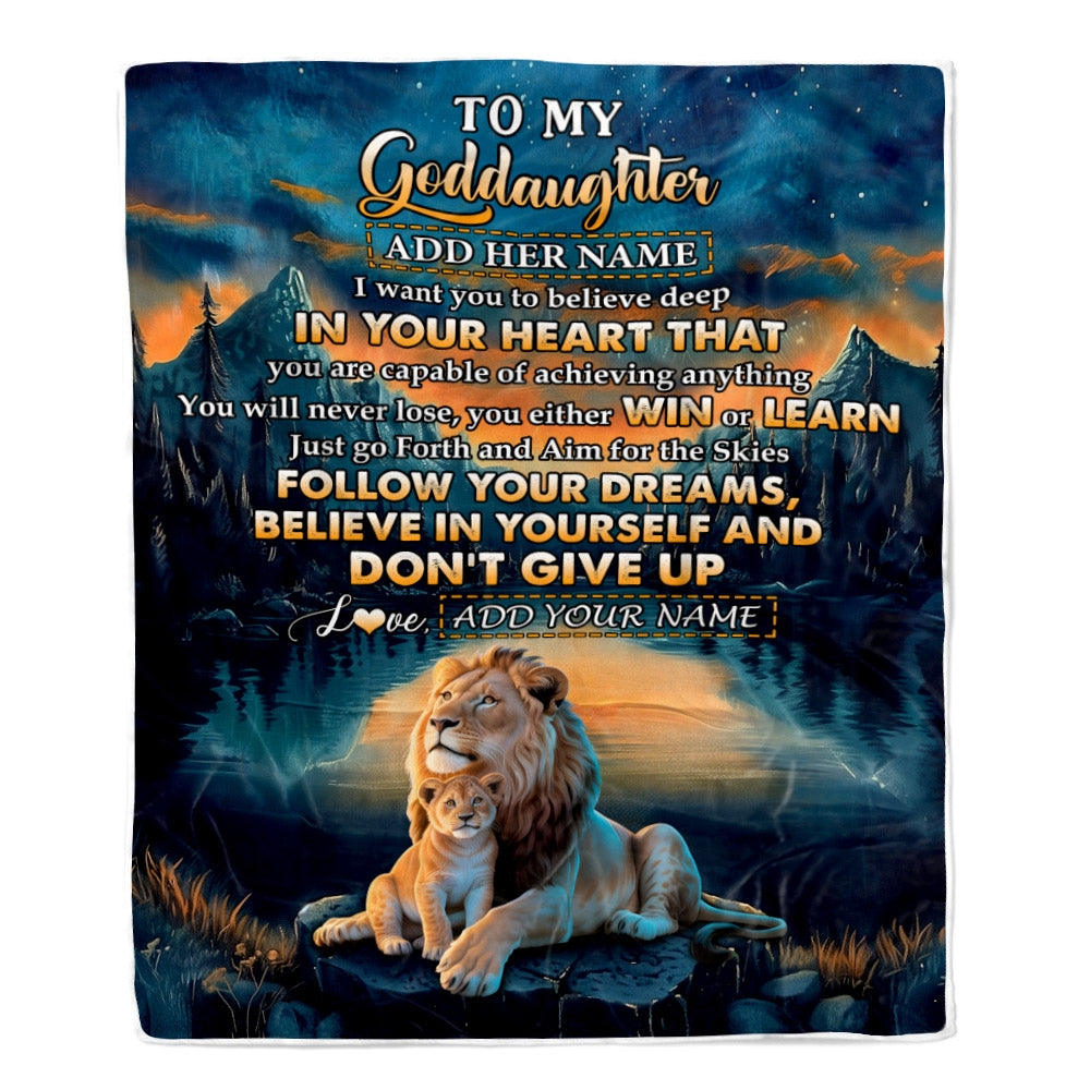 Personalized To My Goddaughter Gifts From Aunt Uncle Don't Give Up Lion Gifts For Goddaughter Birthday Graduation Christmas Customized Fleece Throw Blanket | siriusteestore