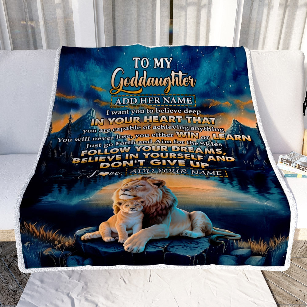 Personalized To My Goddaughter Gifts From Aunt Uncle Don't Give Up Lion Gifts For Goddaughter Birthday Graduation Christmas Customized Fleece Throw Blanket | siriusteestore