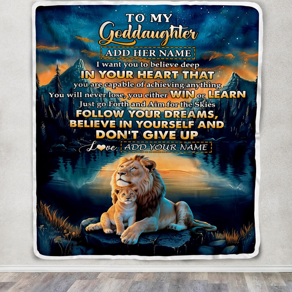 Personalized To My Goddaughter Gifts From Aunt Uncle Don't Give Up Lion Gifts For Goddaughter Birthday Graduation Christmas Customized Fleece Throw Blanket | siriusteestore