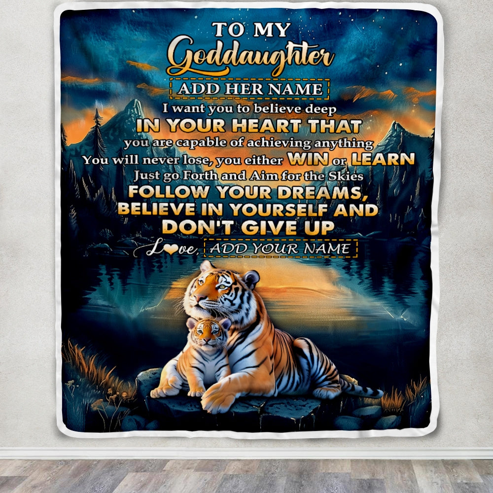 Personalized To My Goddaughter Gifts From Aunt Uncle Don't Give Up Tiger Gifts For Goddaughter Birthday Graduation Christmas Customized Fleece Throw Blanket | siriusteestore
