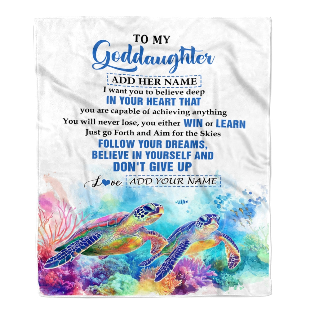Personalized To My Goddaughter Gifts From Aunt Uncle Don't Give Up Turtle Gifts For Goddaughter Birthday Graduation Christmas Customized Fleece Throw Blanket | siriusteestore