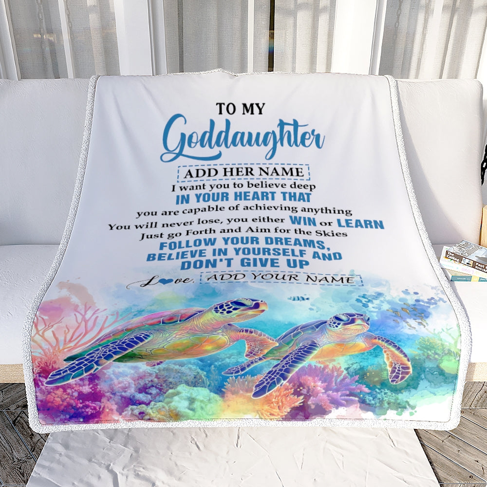 Personalized To My Goddaughter Gifts From Aunt Uncle Don't Give Up Turtle Gifts For Goddaughter Birthday Graduation Christmas Customized Fleece Throw Blanket | siriusteestore