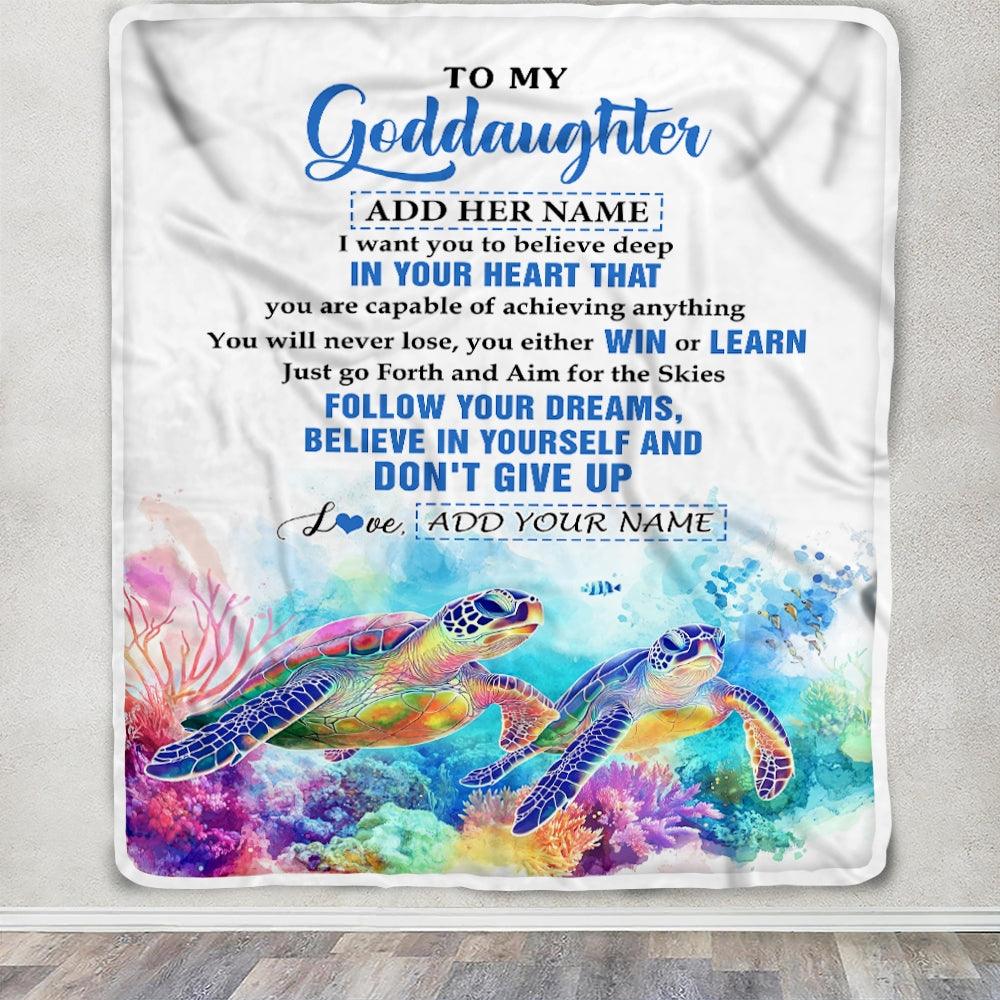 Personalized To My Goddaughter Gifts From Aunt Uncle Don't Give Up Turtle Gifts For Goddaughter Birthday Graduation Christmas Customized Fleece Throw Blanket | siriusteestore