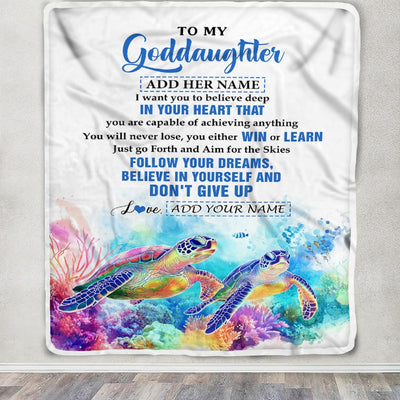 Personalized To My Goddaughter Gifts From Aunt Uncle Don't Give Up Turtle Gifts For Goddaughter Birthday Graduation Christmas Customized Fleece Throw Blanket | siriusteestore