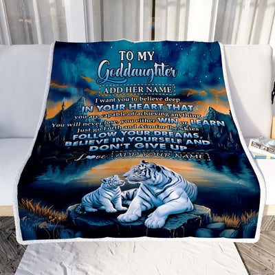 Personalized To My Goddaughter Gifts From Aunt Uncle Don't Give Up White Tiger Gifts For Goddaughter Birthday Graduation Christmas Customized Fleece Blanket | siriusteestore