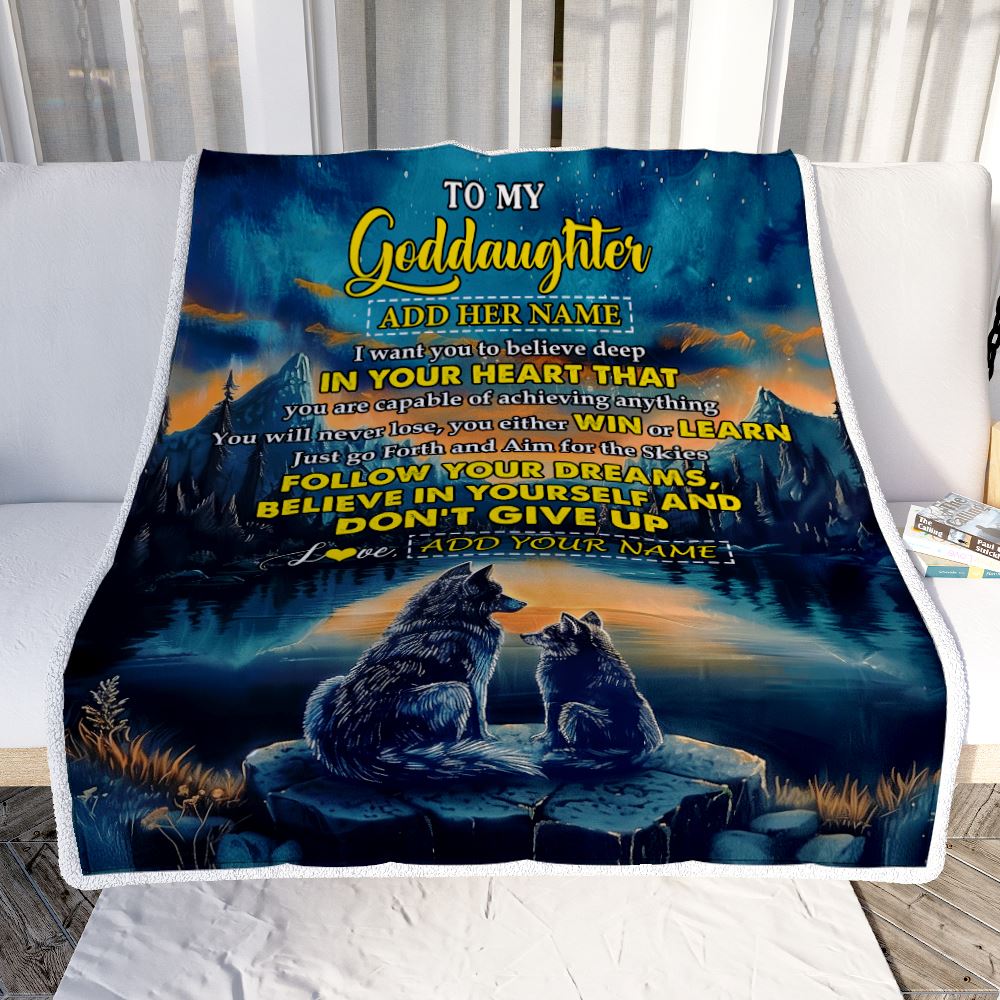Personalized To My Goddaughter Gifts From Aunt Uncle Don't Give Up Wolf Gifts For Goddaughter Birthday Graduation Christmas Customized Fleece Throw Blanket | siriusteestore