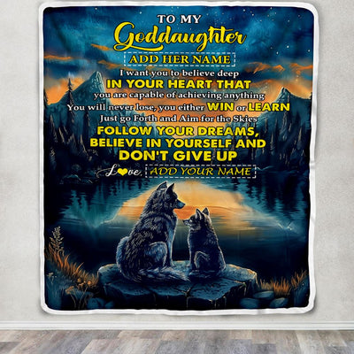 Personalized To My Goddaughter Gifts From Aunt Uncle Don't Give Up Wolf Gifts For Goddaughter Birthday Graduation Christmas Customized Fleece Throw Blanket | siriusteestore