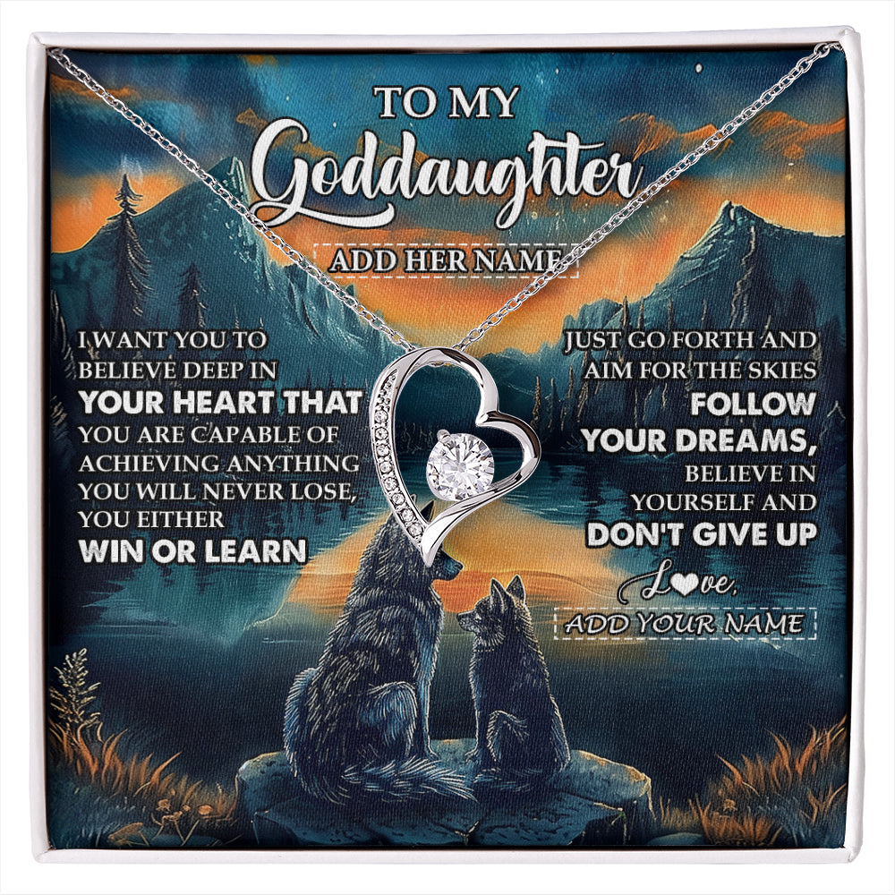 Forever Love Necklace 14K White Gold Finish | 1 | Personalized To My Goddaughter Gifts From Aunt Uncle Don't Give Up Wolf Gifts For Goddaughter Birthday Graduation Christmas Customized Gift Box Message Card | siriusteestore