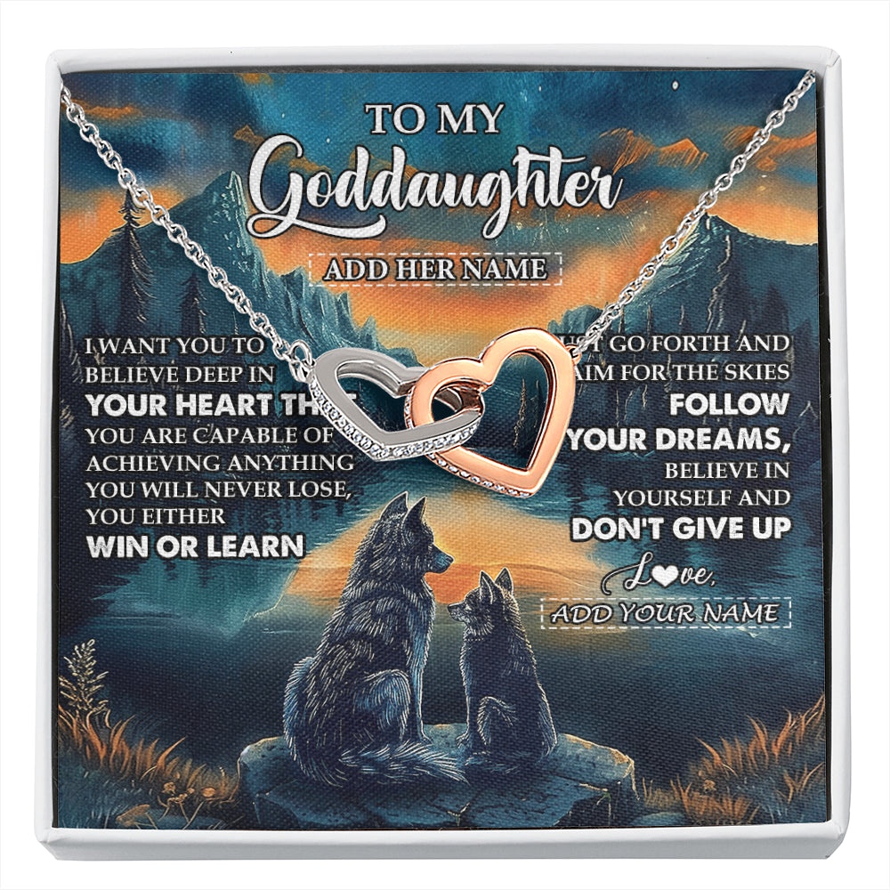 Interlocking Hearts Necklace Stainless Steel & Rose Gold Finish | 1 | Personalized To My Goddaughter Gifts From Aunt Uncle Don't Give Up Wolf Gifts For Goddaughter Birthday Graduation Christmas Customized Gift Box Message Card | siriusteestore